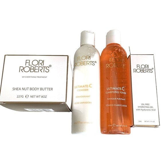 4 PC Flori Roberts Skin Care -Shea Butter Hydrating Gel Vit C Toner & Cleanser